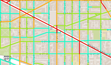 Washington, D.C with safety level ratings from cyclists like you (simulation). 
